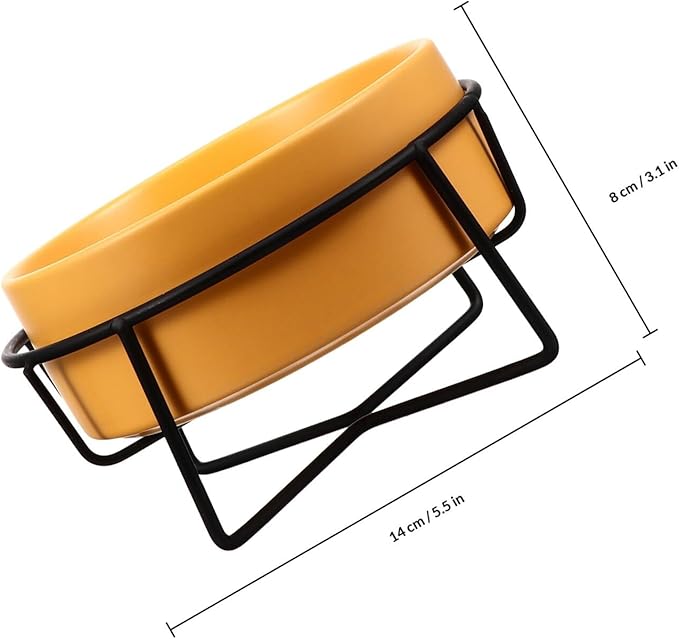 PRETYZOOM Ceramic Pet Feeder Bowl with Elevated Black Iron Stand, 14cm Yellow Cat and Dog Bowl for Spine Protection, Raised Feeding and Watering Dish for Small Pets