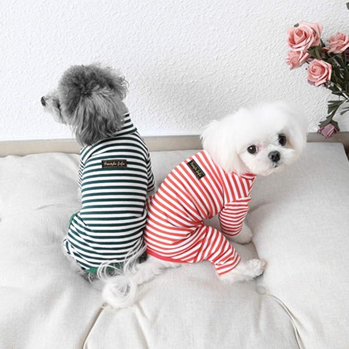 Hdwk&Hped Soft Cotton Dog Pajamas for All Seasons, Striped Pet Bottoming Jumpsuit for Small Dog Cat Puppy (#4, Striped Style - 2-Pack(red&Dark Green))