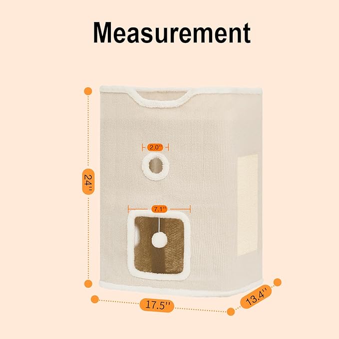 Cat House, Cat Beds for Indoor Cats, 2-Story Cat Condo Cube with Scratch Pad and Fluffy Ball Hanging, Multi-Level Cozy Hideout Center Ideal for Small/Medium Cats