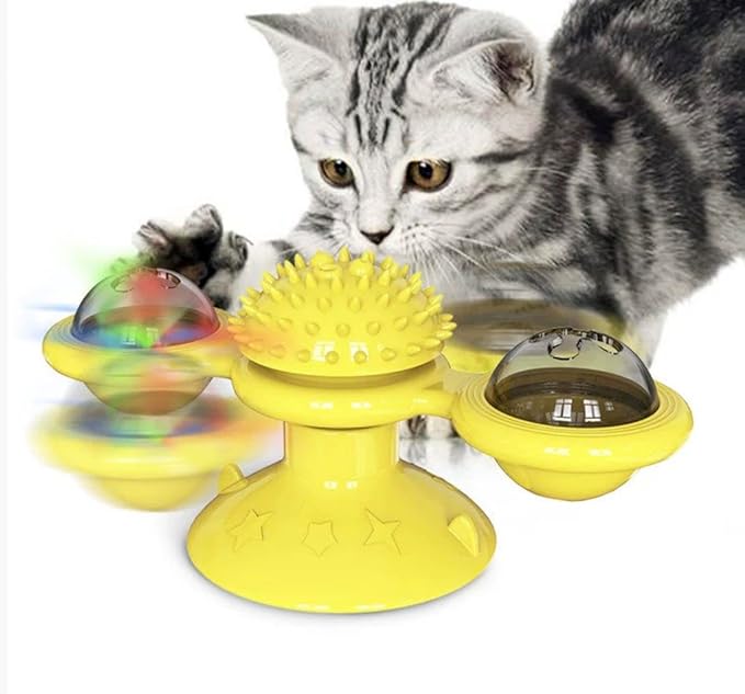 Interactive Windmill Cat Toy with LED Light Ball & Suction Cup – Rotating Catnip Toy for Indoor Cats, Mental Stimulation & Exercise-Yellow
