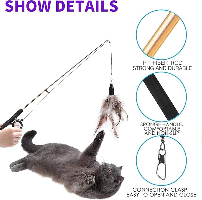 Retractable Cat Teaser Wand Toy, Cat Toys for Indoor Outdoor Cats Interactive Fishing Rod with 6 Pcs Refills Feather Toy, Caterpillar Butterfly & Fish