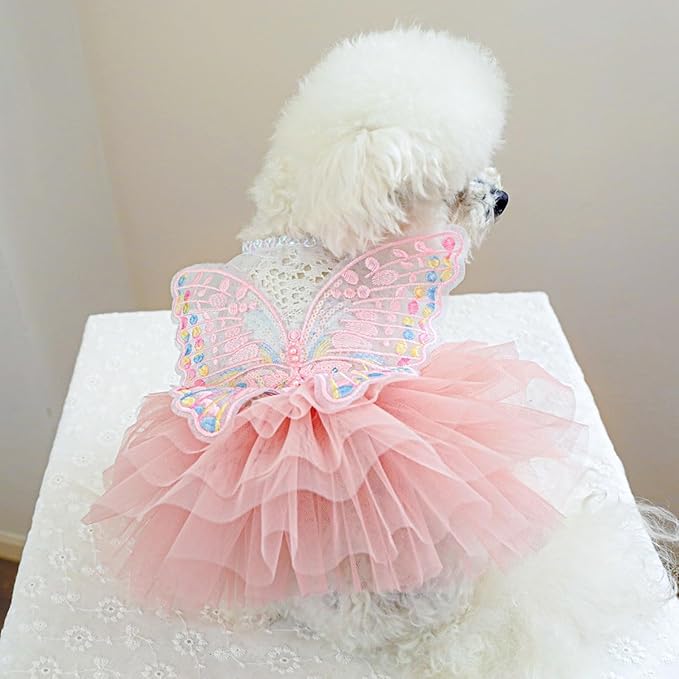 Fairy Dog Dress Cat Princess Outfit with Pink Tulle Skirt & Butterfly Wings, White Knit Top with Lace Collar, Pet Clothes for Small Dogs Cats Birthday Wedding Halloween 8.3-10lbs(Pink,M)