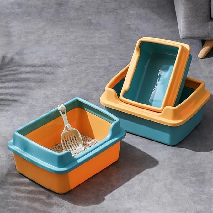 Pet Supplies, Splashproof Semi-Closed Cat Litter Box, Rectangle Pan for Cats(Orange,Medium)