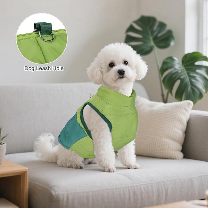 Winter Dog Coat with Leash Ring, Warm Jackets Puppy Cold Weather Coats Pet Clothes Cat Outfits for Small Dogs (Green+Dark Green, X-Small)