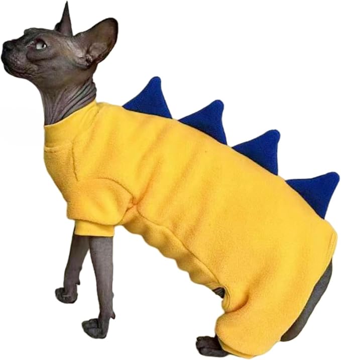 Four Leg Dinosaur Sphynx Cat Clothes Pjamas Hairless Cat Warm Polar Fleece Jumpsuit Elastic Pet Clothes for Sphynx Cat Surgery Recovery Suit Hairless Cat Shirt for Devon, Cornish (Yellow, Large)