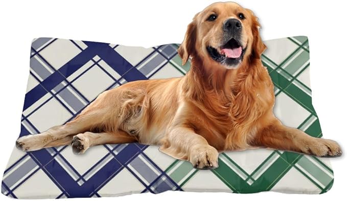 Green Blue Plaid Pet Dog Cage Mat Non Slip Bottom Cat Warming Pad Cozy Soft Dog Car Beds Pet Friendly Furniture Printed Mats Gift Chew Proof Bed 24× 18 Inch Indoor Outdoor