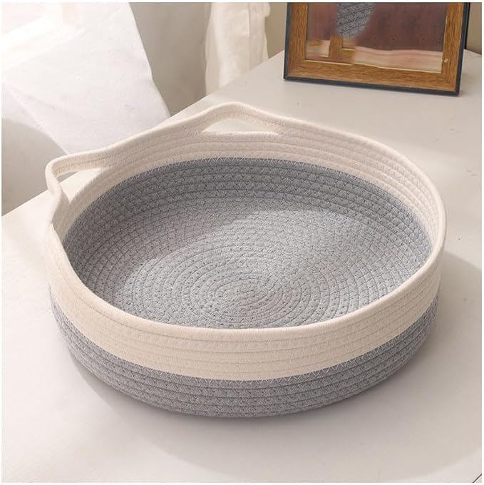 16.5IN Cat Basket, Cotton Rope Weaving Pet Nest, Wicker Woven Cat Bed, Hand Woven Cotton Rope Cats Bed, for Indoor Small & Large Pet,Gray