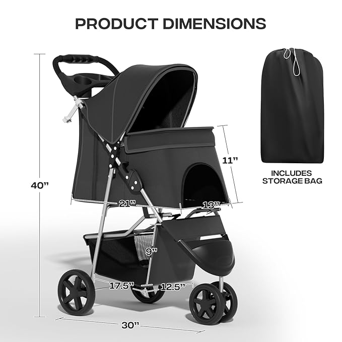 Cat Dog Stroller,3-Wheels Pet Stroller for Medium/Puppy Dogs 30 Lbs, Cat Strollers for 1 Cats, Foldable Dog Stroller with Storage Basket and Cup Holder, Breathable Mesh Black