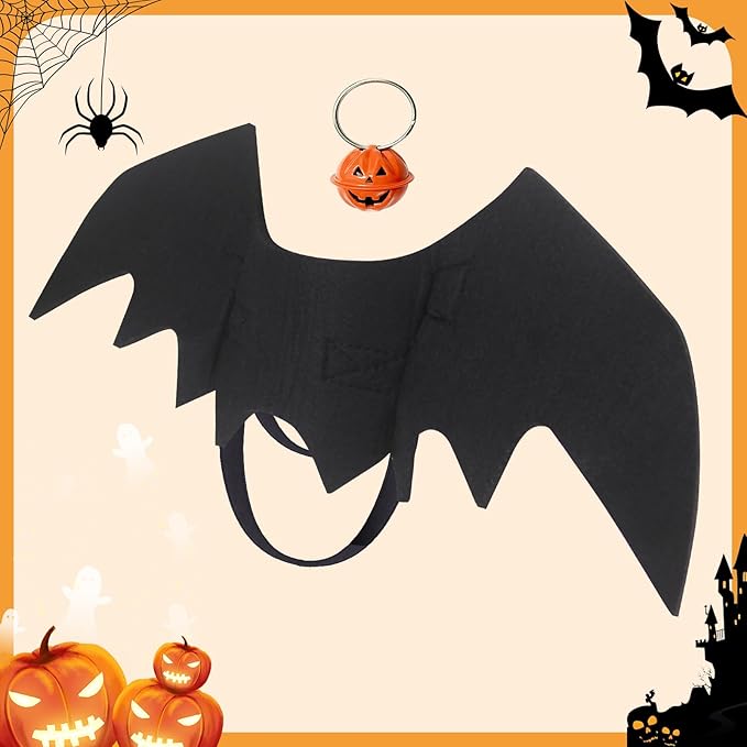 OLANRUN Cat Halloween Costume, Cat Costumes, Small Dog Halloween Costumes - Bat Wing with Pumpkin Bell for Pet Halloween Cosplay Party Dress Up Accessories (Small)