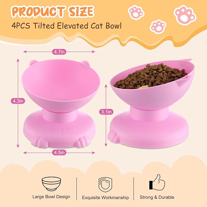 4 Pcs Raised Elevated Cat Bowls for Indoor Cats Removable 15° Tilted Raised Kitty Food Bowls Plastic Extra Wide Feeding Dish for Food Water Anti Vomiting