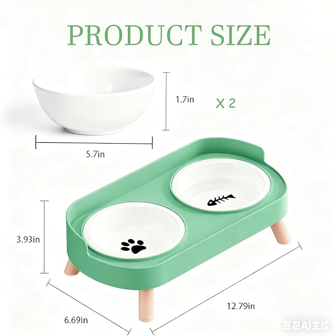 Elevated Cat Bowls, 2 Ceramic Raised Cat Food and Water Bowl Set, Prevent Cat Chin Acne, Whisker Fatigue Friendly, Splash Proof & Dishwasher Safe for Indoor Cats and Small Dogs - Green