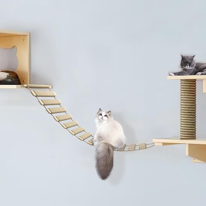 40in Cat Climbing Ladder & Bridge - Multi-Functional DIY Cat Wall Furniture with Sisal Rope for Indoor/Outdoor Cats, Parrots, and Small Pets (Wood Tone, L-40in)