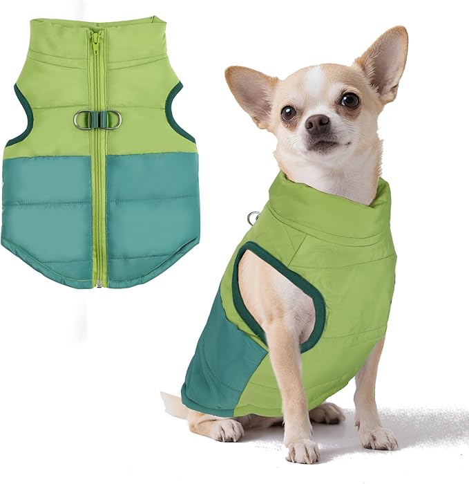 Winter Dog Coat with Leash Ring, Warm Jackets Puppy Cold Weather Coats Pet Clothes Cat Outfits for Small Dogs (Green+Dark Green, Large)