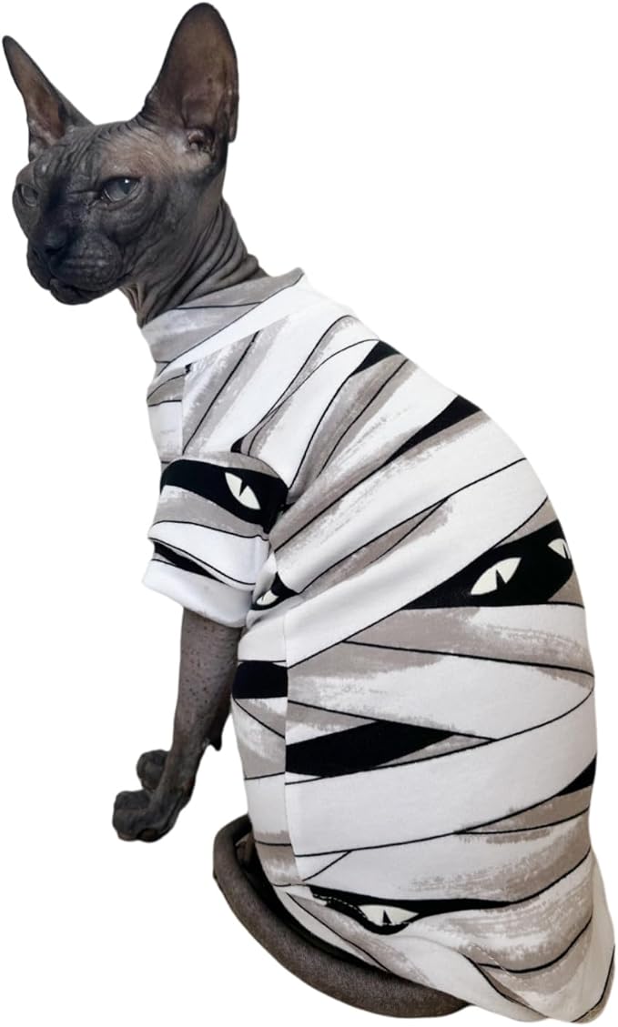 Limited Edition Sphynx Cat T-Shirts Elastic Hairless Cat Sweatshirt Pet Kitten Clothes Round Collar Kitten Shirts Vest Cats & Small Dogs Apparel (Mummy, M (5.5-6.6 lbs))