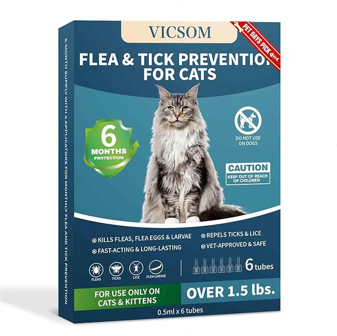 VICSOM Flea Treatment for Cat Flea and Tick Prevention for Cats Kitten, 6-Month Supply, Cat Flea Treatment & Control, Repellent, Fast Acting Topical Drops for Cats, Over 1.5 lbs, 24-Hour Protect