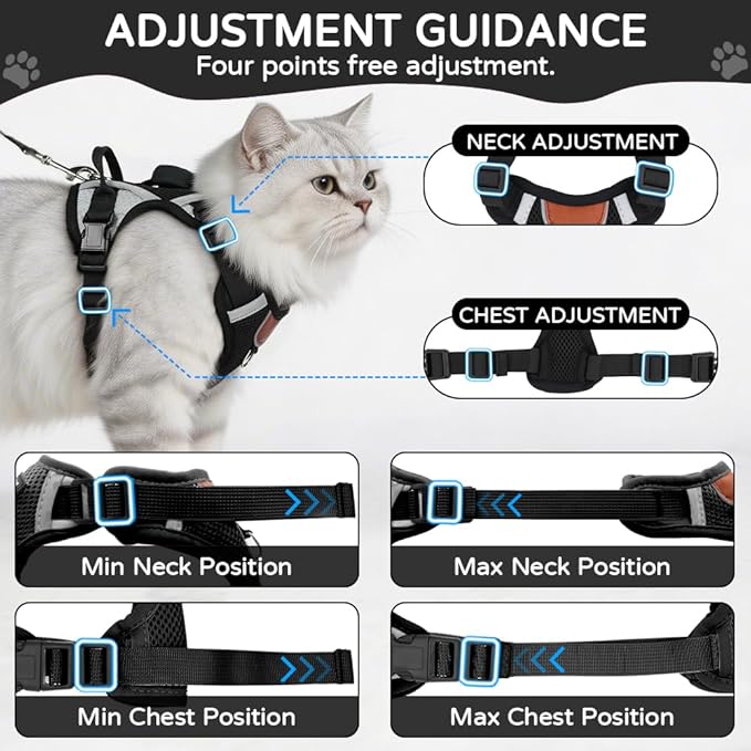 Cat Harness and Leash Set with Holder Compatible with AirTag, Upgraded Escape Proof Adjustable Vest Lead for Large Cat Small Dog Walking, Soft Breathable Mesh Jacket with Reflective Strips, Black, L