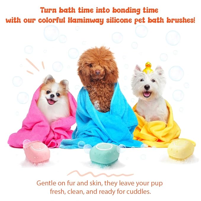 HamInWay Dog Bath Brush, 2-in-1 Dog Grooming Brush with Built-in Shampoo Dispenser, Gentle Silicone Bristles for Bath & Massage, Non-Slip Handle, Easy Clean Design for Dogs, Cats & Small Pets, Yellow
