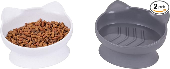 Kitty City Elevated Slow Feeder Cat Bowls (Set of 2), Whisker-Friendly Raised Cat Food Dishes with Ridges, Helps Reduce Fast Eating & Digestion Issues, Dishwasher Safe, 10.8 oz – White & Gray