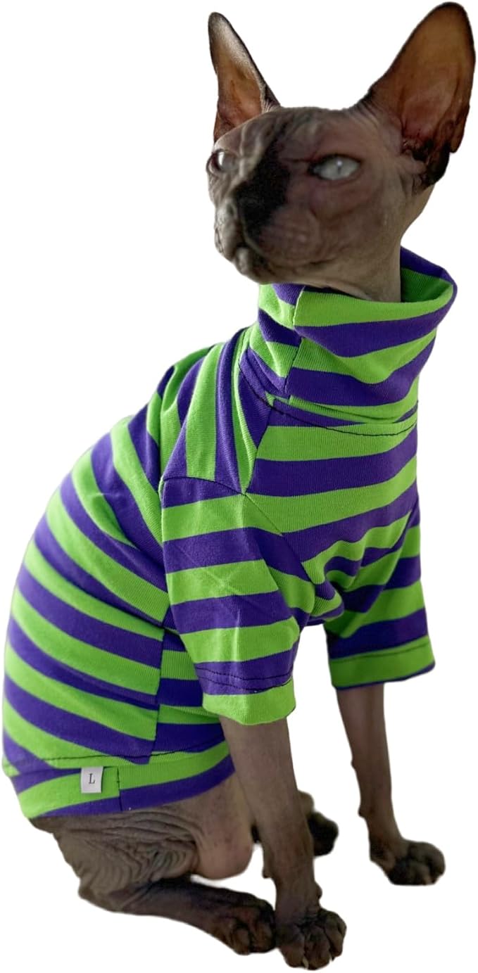 Vintage Stripes Sphynx Hairless Cats Shirt Cotton Cat Turtleneck Pet Clothes Kitten T-Shirts with Sleeves for Sphynx Cats (Eggplant, Medium)
