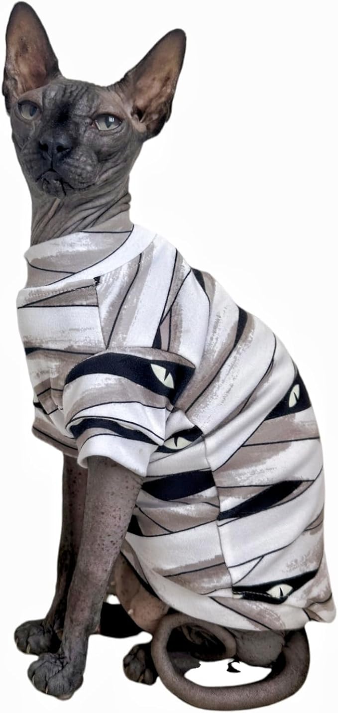 Limited Edition Sphynx Cat T-Shirts Elastic Hairless Cat Sweatshirt Pet Kitten Clothes Round Collar Kitten Shirts Vest Cats & Small Dogs Apparel (Mummy, L (7.7-9.9 lbs))