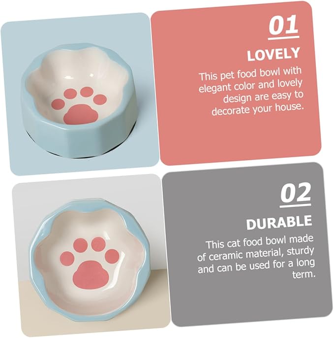 Ceramic Tilted Pet Bowl Blue Small Slanted Cat and Dog Feeder Bowl with Animal Paw Print for Feeding and Watering Pets