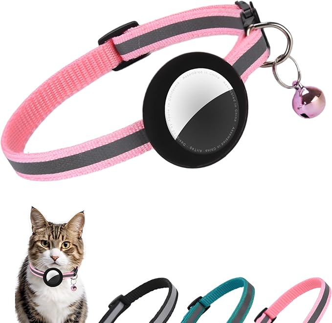 Reflective Cat Collar Fits for AirTag Holder, Breakaway Safety Buckle, Bell & Adjustable Strap for Cats Kittens - Compatible with Apple AirTag, Anti-Lost Pet Tracker Collar,Pink