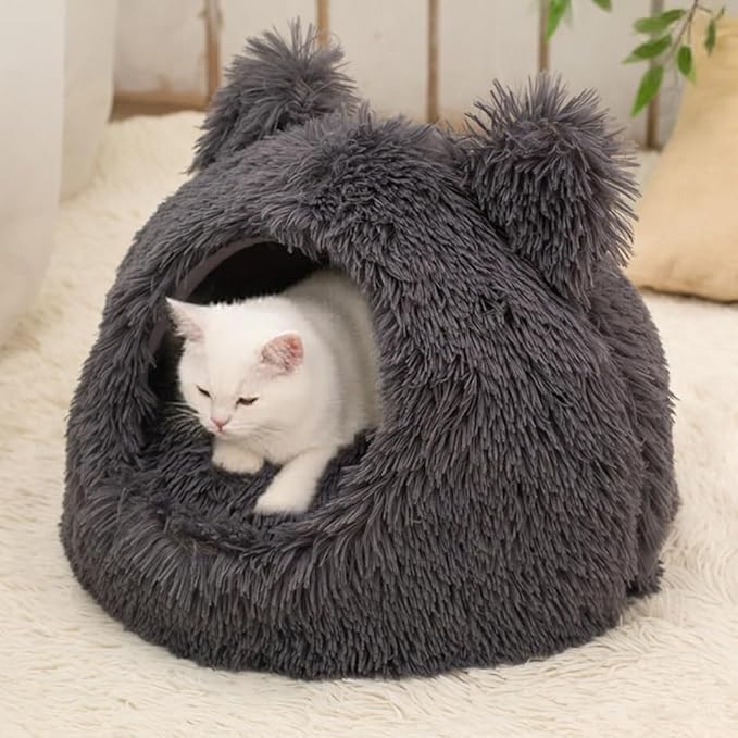 Cute Cat Bed, Plush Cat Cave Bed for Indoor Cats, Self-Warming Cave with Washable Cushion & Anti-Slip Bottom, Cozy Soft Pet Cats House for Kittens Small Dogs (Grey, 18.8 ×18.8 in)