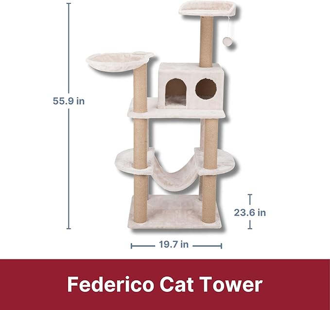 TRIXIE Federico 56" Cat Tower, Indoor 4-Level Cat Furniture with Jute Scratching Posts, Plush Condo, Platforms, Hammock, Toy on a String, Greige