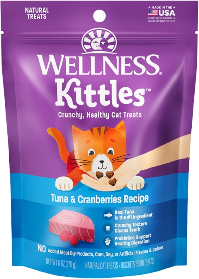 Wellness Kittles Crunchy Cat Treats, All Lifestages, Kitten to Senior, Natural, Grain Free, Tuna and Cranberry Flavor, 6 oz Bag