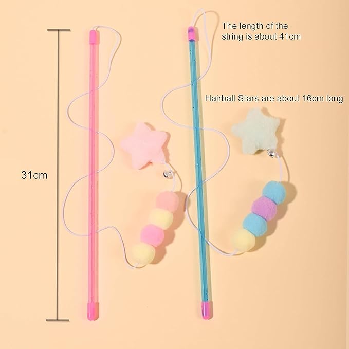 BWESOO Pink Cat Stick Toy Elastic Rope Plush Ball Star Pendant Bite-Resistant Comfortable Grip Relieve Boredom Handmade Kitten Teaser Wand Cat Mice and Animals Toys