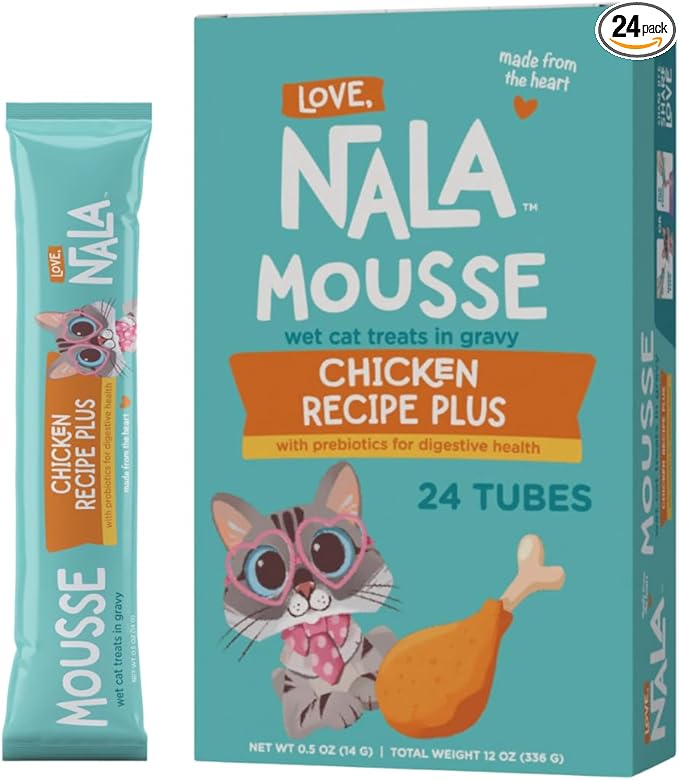 LOVE, NALA Digestive Health Chicken + Prebiotic Mousse Cat Treats – Lickable Squeeze-Up Puree, Topper or Treat – Grain-Free, 24 Pack – Human-Grade Protein, Non-GMO, No Artificial Additives