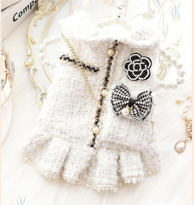 Pet Dress with Pearl Buttons, White Tweed with Black Bow and Rose Embellishments, Small Dog and cat Princess Outfit (White, Small)