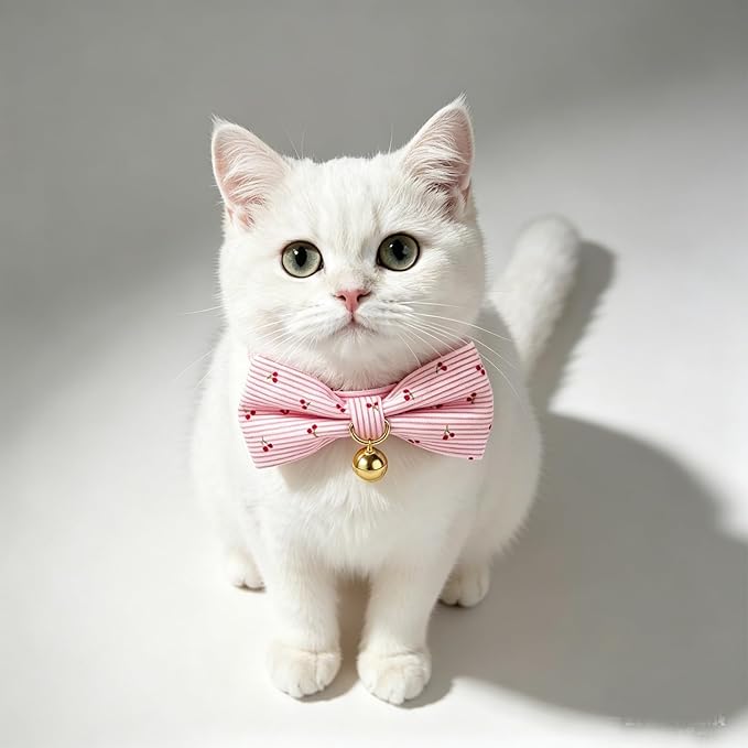 2 Pack Cat Collars with Removable Bow Tie and Bell, Adjustable Breakaway Kitten Collar, Cute Pink Cherry & Heart Print Pet Collar for Cats.(Adult Cat,Pink+Pink)