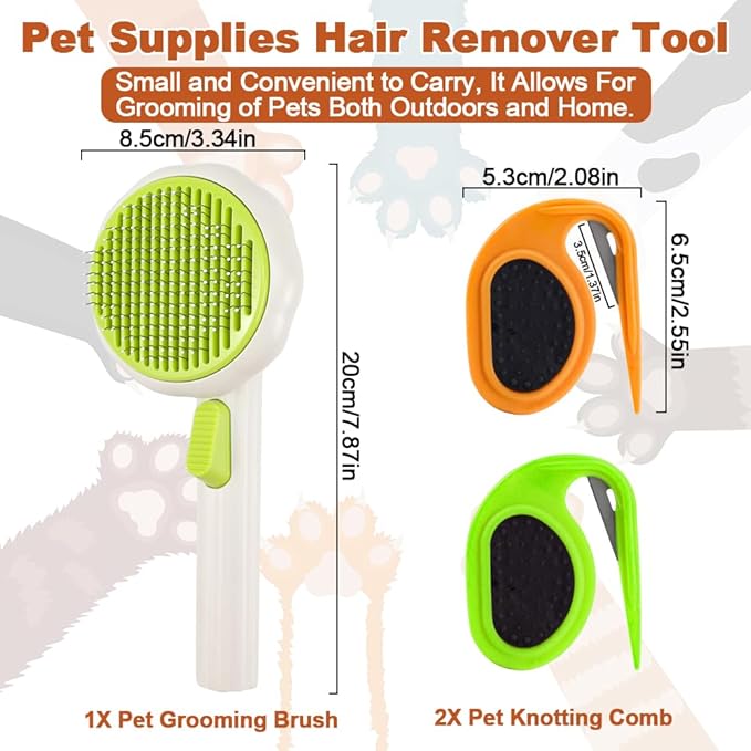 Self-Cleaning Grooming Brush, with 2 PCS Dematting Comb for Dog, Skin Friendly, Non-Slip Handle, Cat Brush for Long Haired Cats & Dogs, Pet Supplies Hair Remover Tool
