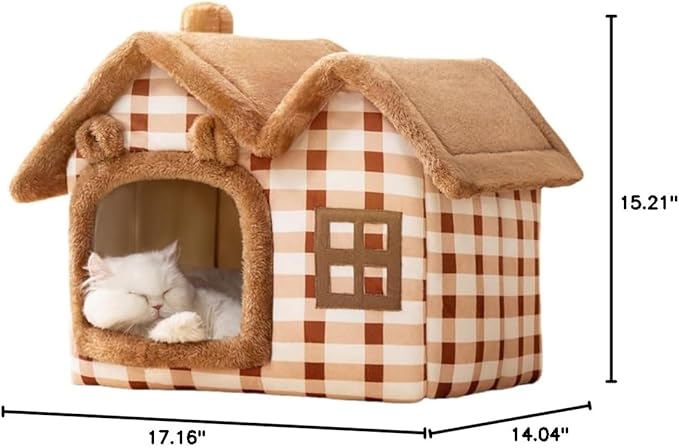 Double Roof Cat Nest Cute Bear Shaped Dog House Foldable Warm Soft Kennel with Removable Cushion and Non-Slip Bottom