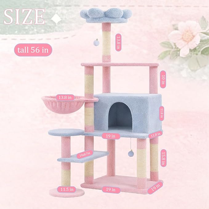 Flower Cat Tree 56 Inches，Large Cat Tower with Detachable Flower Cushions and Hiding Condo, Blue and Pink Cat Tree with Hammock Bed, Interactive Toys and Scratching Posts for Indoor Cats