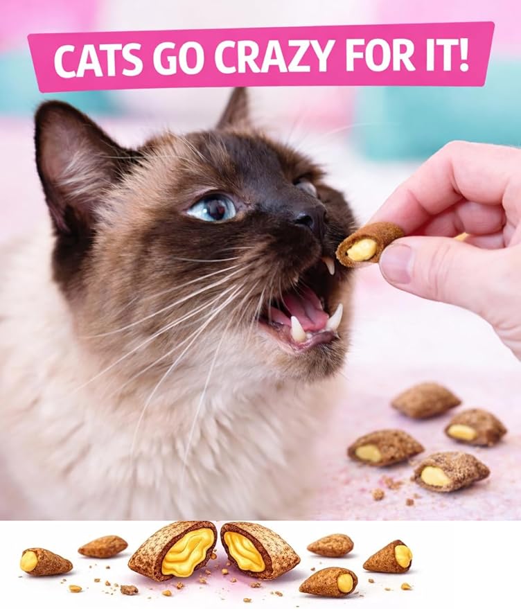 Calming Cat Treats for Indoor Cats – Crunchy Soft Pillow Bites with Gooey Center – Seafood Low Calorie Kitty Treats – Cat Snacks Food Topper Training Reward Wheat Soy Free Healthy Dental – 9oz