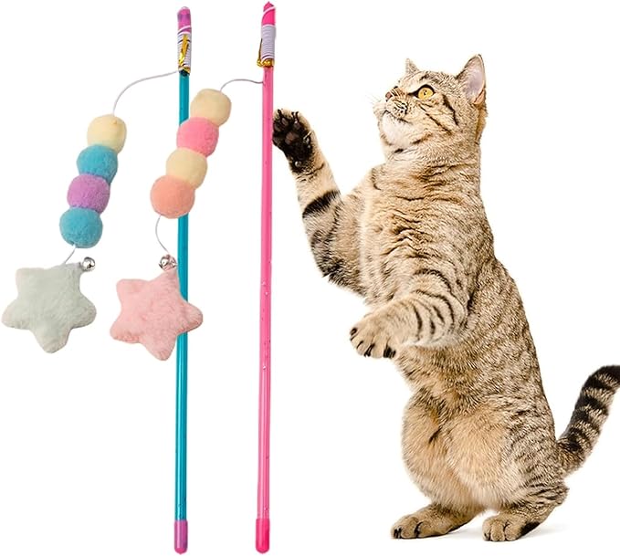 BWESOO Pink Cat Stick Toy Elastic Rope Plush Ball Star Pendant Bite-Resistant Comfortable Grip Relieve Boredom Handmade Kitten Teaser Wand Cat Mice and Animals Toys