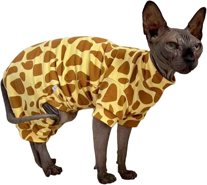 Sphynx Cat Four Leg Cotton Pajamas Elastic Pet Clothes for Hairless Cats Surgery Recovery Suit Undershirt Thermal Clothes for Sphynx, Devon, Cornish (Giraffe, L)