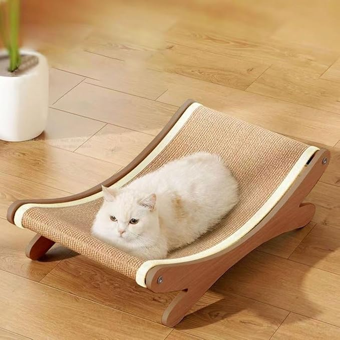 2-in-1 Cat Scratch Chair, Elevated Bed, Hammock Beach Chair Lounger, Wooden Cat Furniture, Cats Lounger with Sisal Mat, Hammocks, Cats Beds Pet Bed Mat (Coffee_19x12Inch)