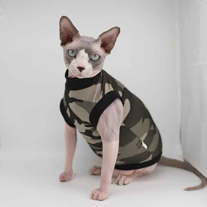 Sphynx Hairless Cat Summer Cotton T-Shirts Cat Vest Pet Clothes,Round Collar Vest Kitten Shirts Sleeveless, Cats & Small Dogs Apparel (Medium, Black Camo)