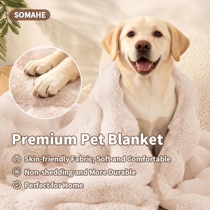 SOMAHE Dog Blanket, Reversible Sherpa & Bubble Fleece Pet Throw, Ultra-Soft Plush for Medium Dogs, Machine Washable, Anti-Static, Warm & Cozy, 39"×31" Inch White