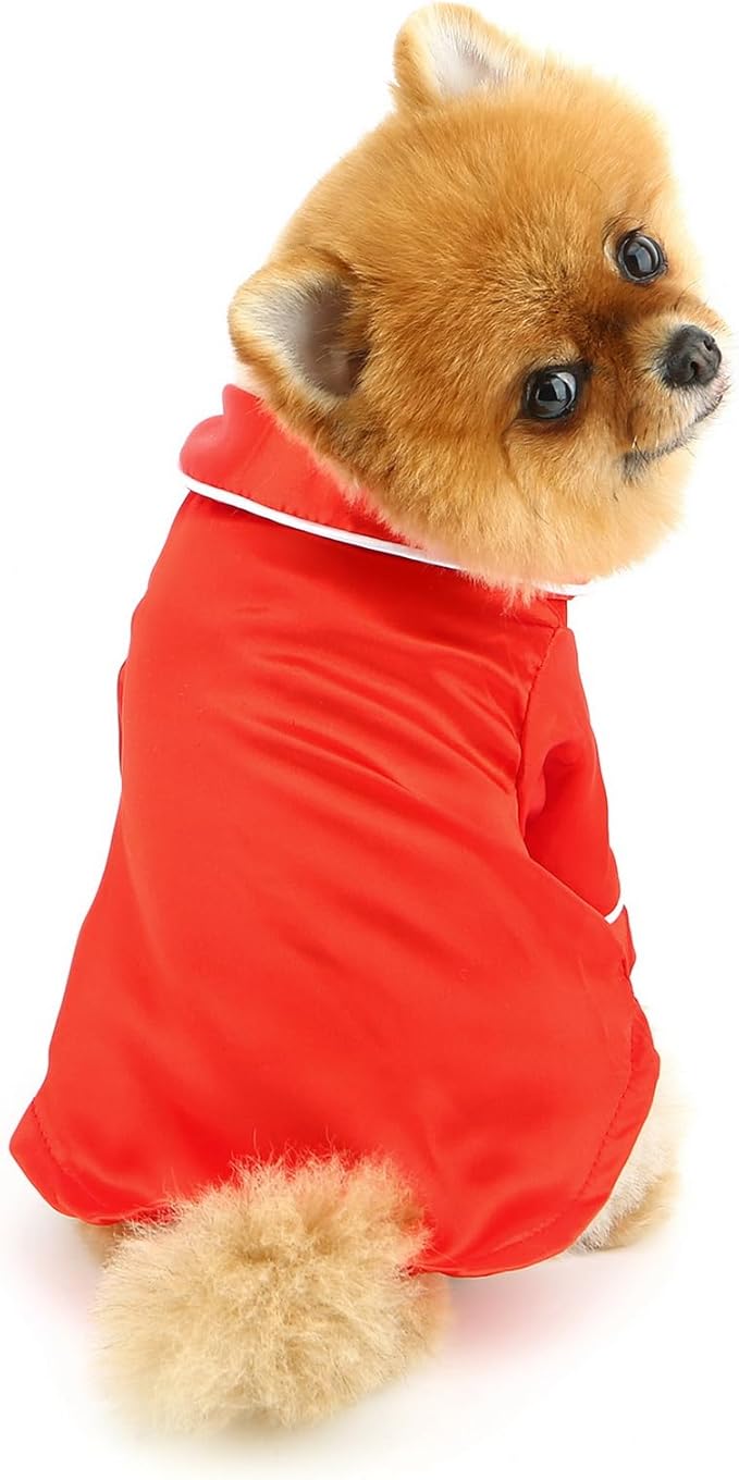 PAIDEFUL Soft Faux Silk Sleepwear for Small Dogs Cats Lapel Doggie Loungewear Lightweight Breathable Puppy Pajamas PJS Two-Legged Pet Shirt Clothes Summer Spring Chihuahua Apparel Button Up,Red,XS