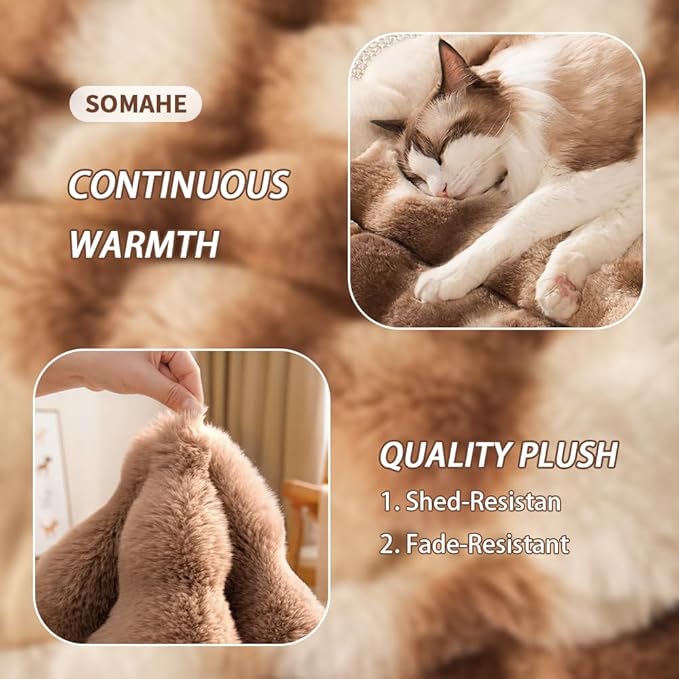 SOMAHE Cat Bed, Plush Faux Fur Kneading Flat Mat - Machine Washable Fluffy Pet Bed for Indoor Cats, Non-Slip Small Kitten Bed, Therapeutic Knead Cat Mat for Couch & Window Sill, 23"×15" Inch,Brown