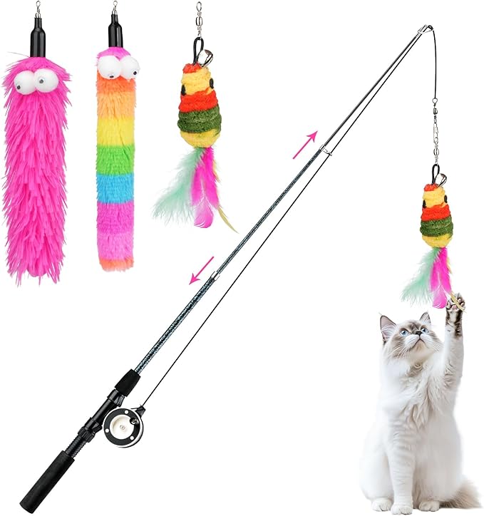 Pawaboo Cat Teaser Wand Toys, Cat Fishing Pole Toy with 3 Pack Feather Refills, 3-section Retractable Kitten Feather Toys with Pulley, Indoor Cats Teaser Catcher Exerciser with Bell,Rainbow + Rose Red