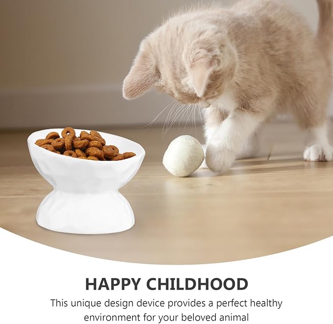 Alasum Elevated Cat Ceramic Feeding Bowl with Neck Protection, Small White Raised Pet Feeder for Kitten, Anti-Spill Design Suitable for Indoor Cat Feeding and Watering