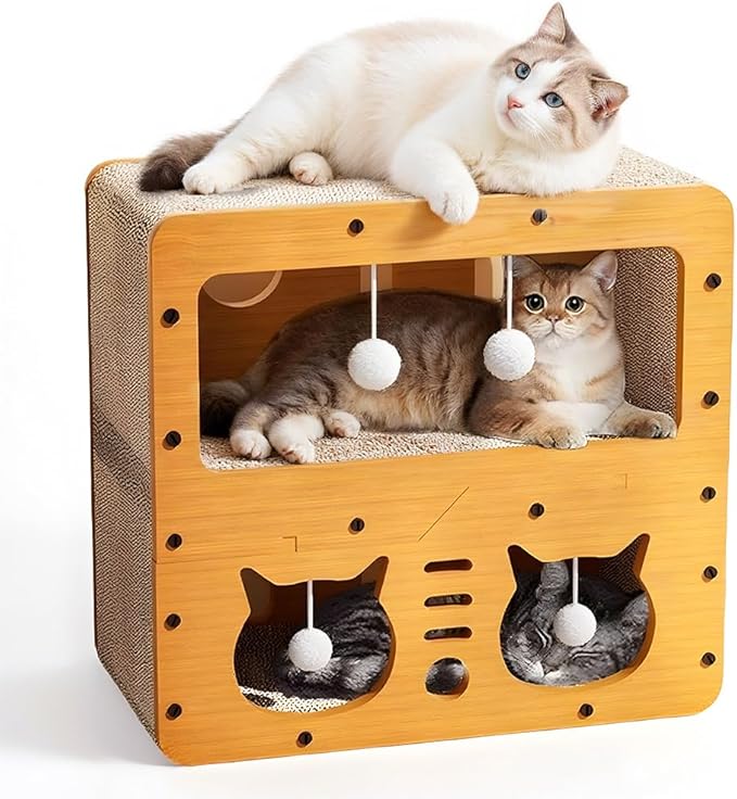 Breathable Cardboard Cat Scratcher House,Cat House for Indoor Cats,Wooden Cats Beds Condos，Bedsure Kitten Cave Furniture，Cute Playhouse Box，Large Size，Suitable for Cats up to 15 lbs
