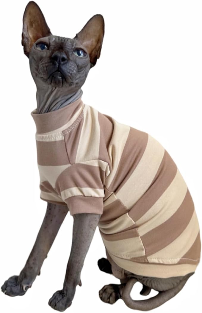 Sphynx Cat Clothes Shirts for Hairless Cat, Wide Stripe Cats Apparel, Kitten Summer Cotton T-Shirts with Sleeves for Cornish Rex, Devon Rex, Peterbald (Coffee, Medium)