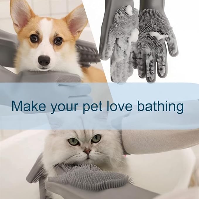 Pet Grooming Gloves for Dogs & Cats, Silicone Deshedding Brush, Gentle Fur Remover, Bathing & Massage Gloves. 3 Colors Variation (Gray)