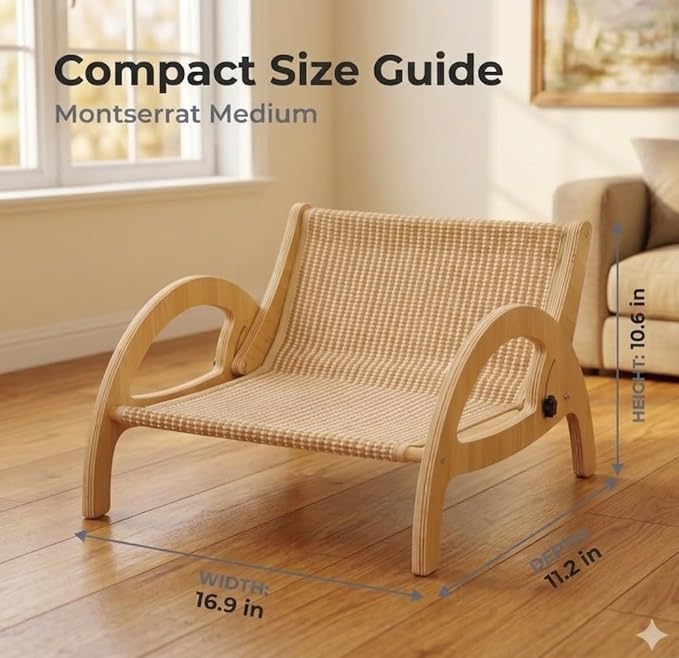 Adjustable Sisal Cat Scratcher Lounge Chair, Wooden Reclining Lounger Bed with Elevated Scratch-and-Rest Design for Indoor Cats, Natural Finish